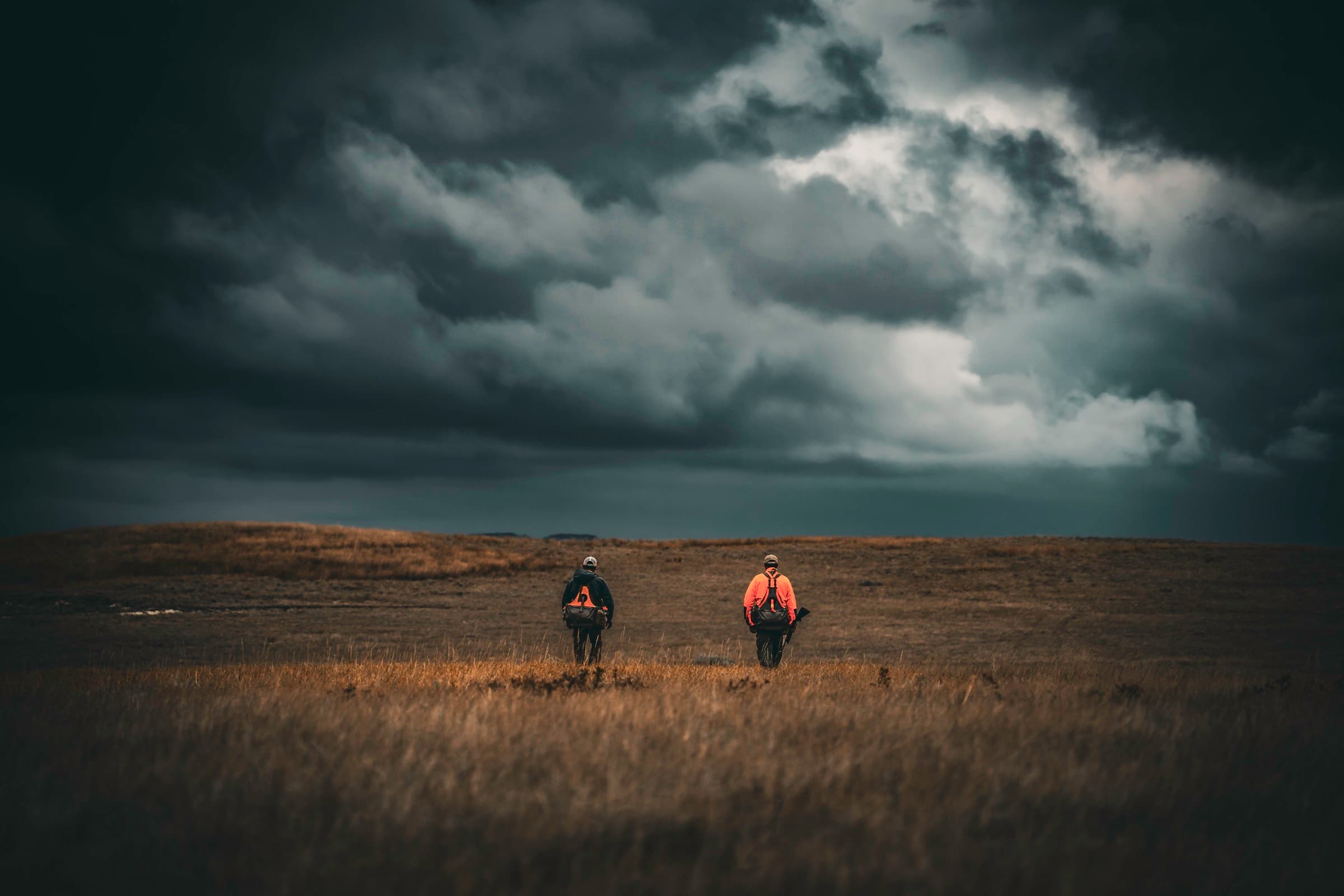 Two people standing in an open field beneath heavy clouds.
