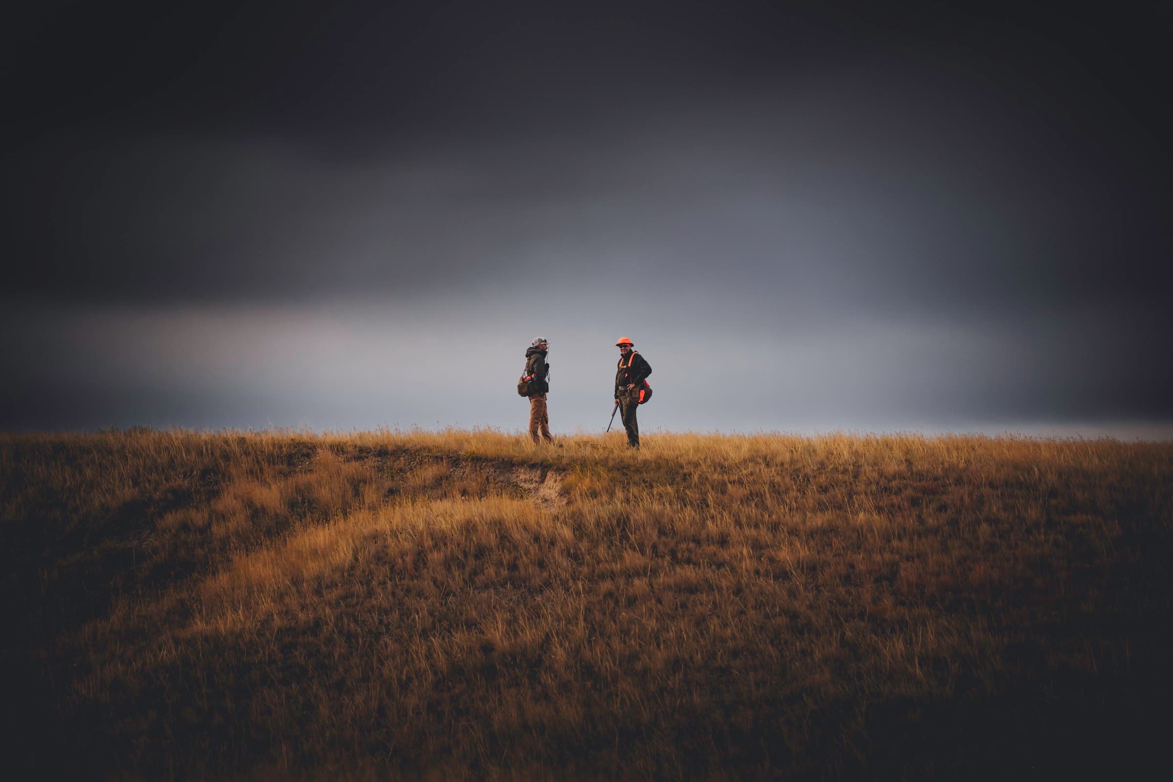 Two small figures standing under a wide dark sky.